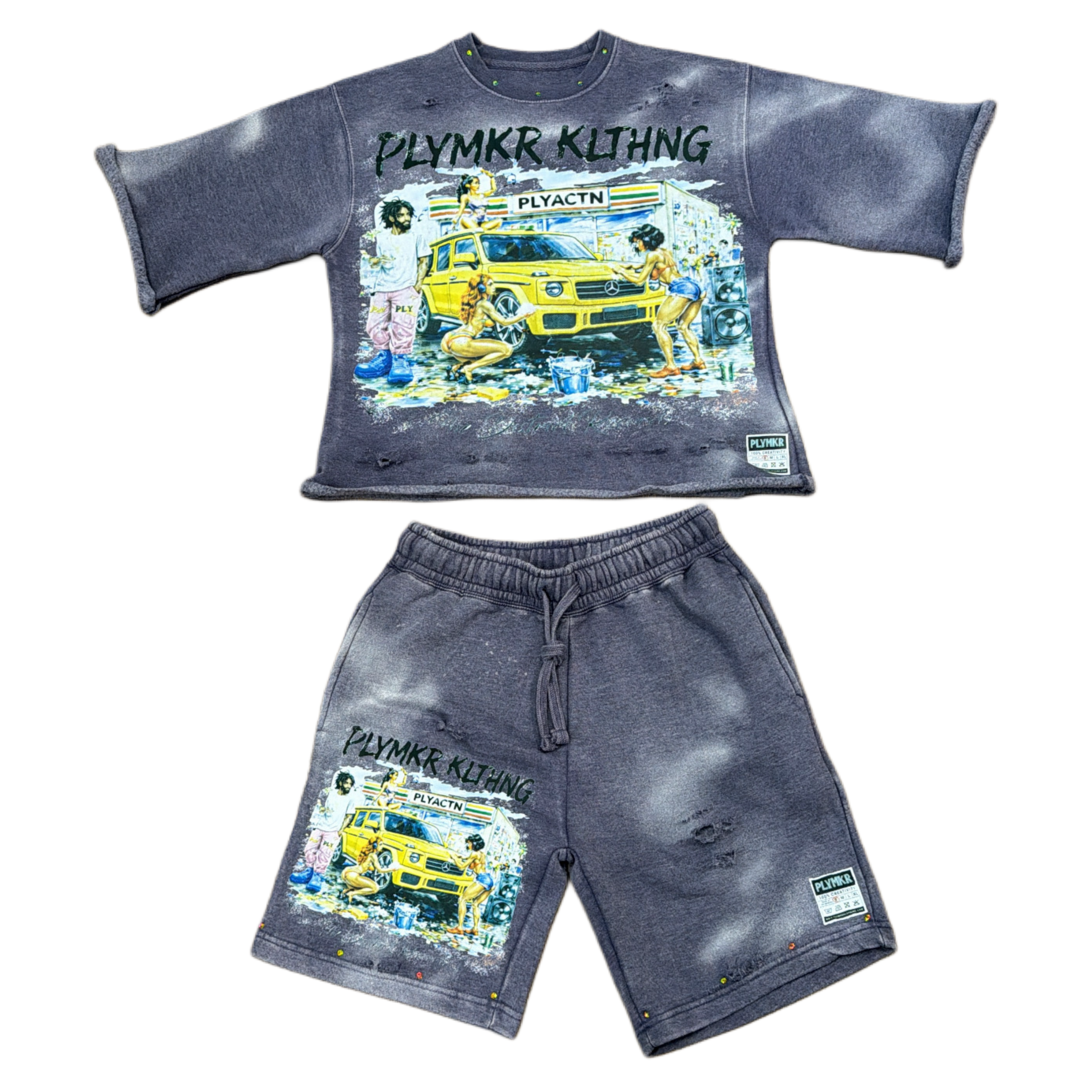 PLY Car Wash 3/4 short set v1 (Washed Dark Denim)